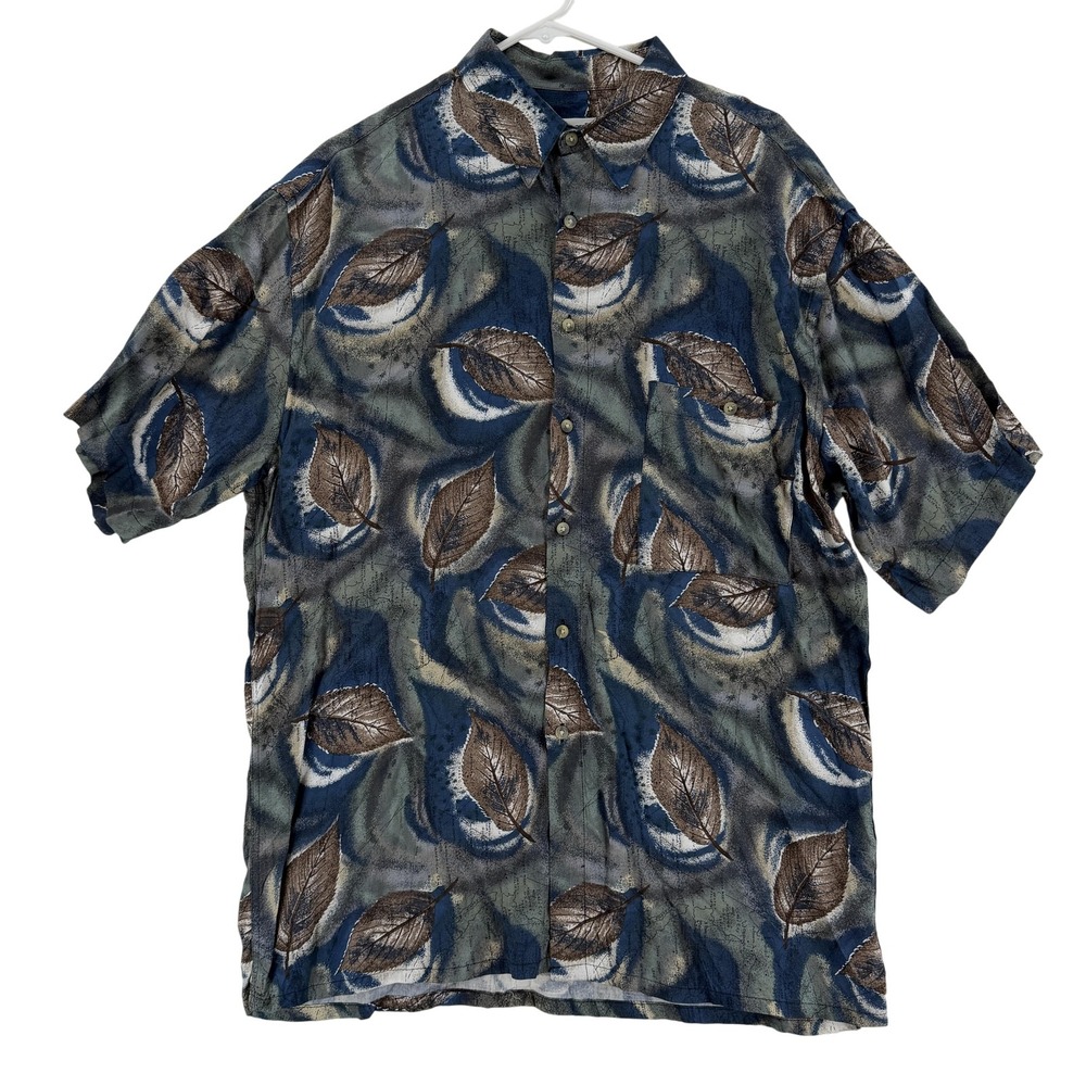 Vintage Pierre Cardin Mens Large Blue Leaf Print Rayon Button Up 90s Shirt‎